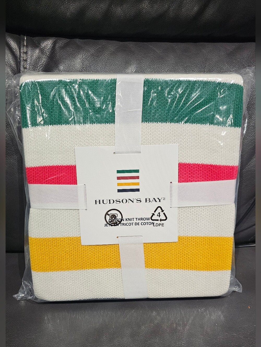 Hudson's Bay Striped Cotton Knit Throw • Green, Red, Yellow on Blue
